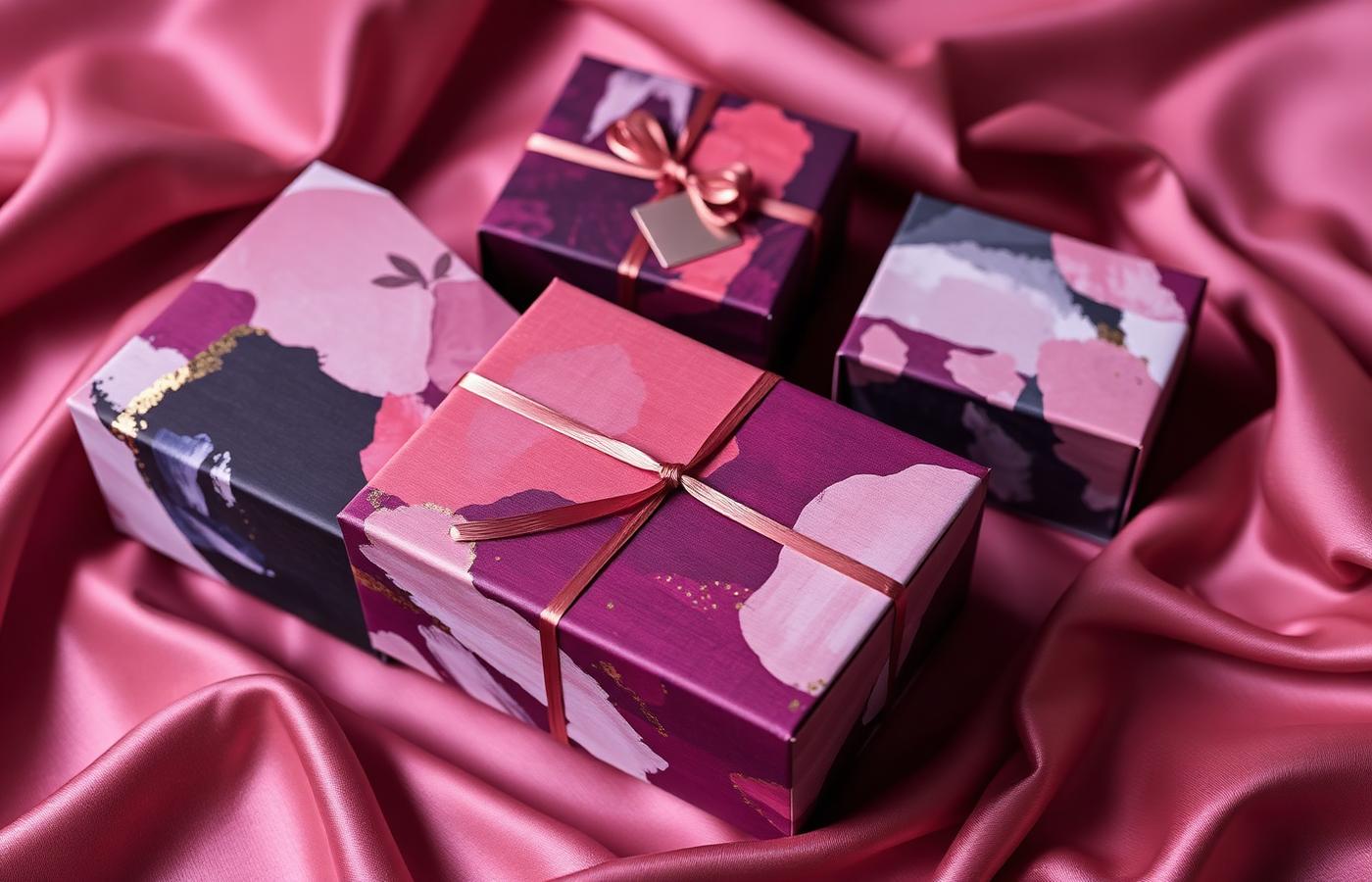 Designer gift boxes with printed artwork and gold detailing