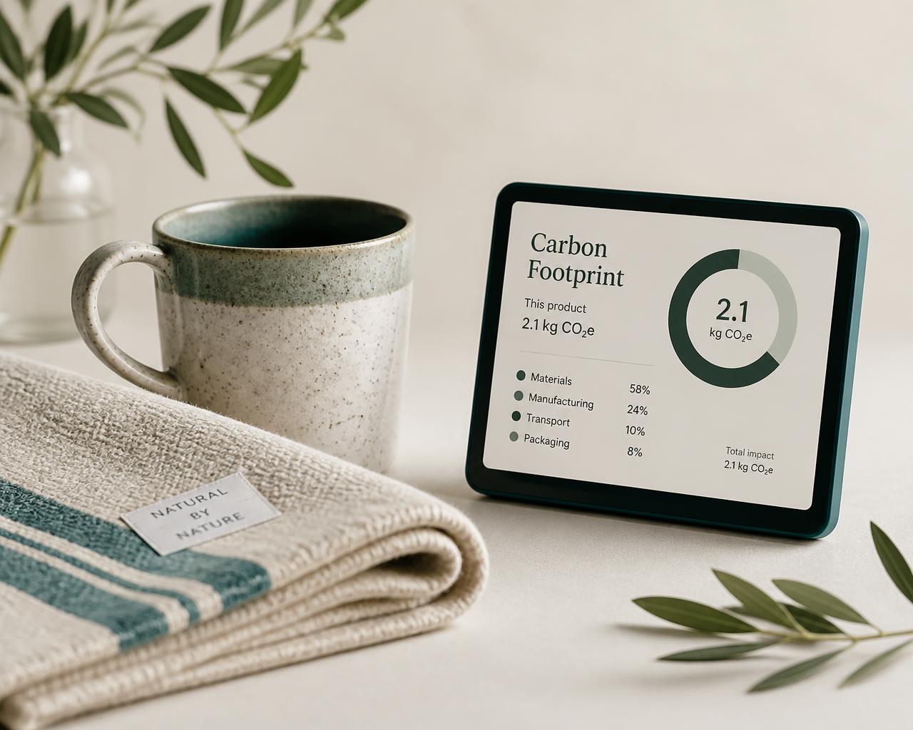 A handmade stoneware mug and woven textile beside a screen showing a product carbon footprint breakdown