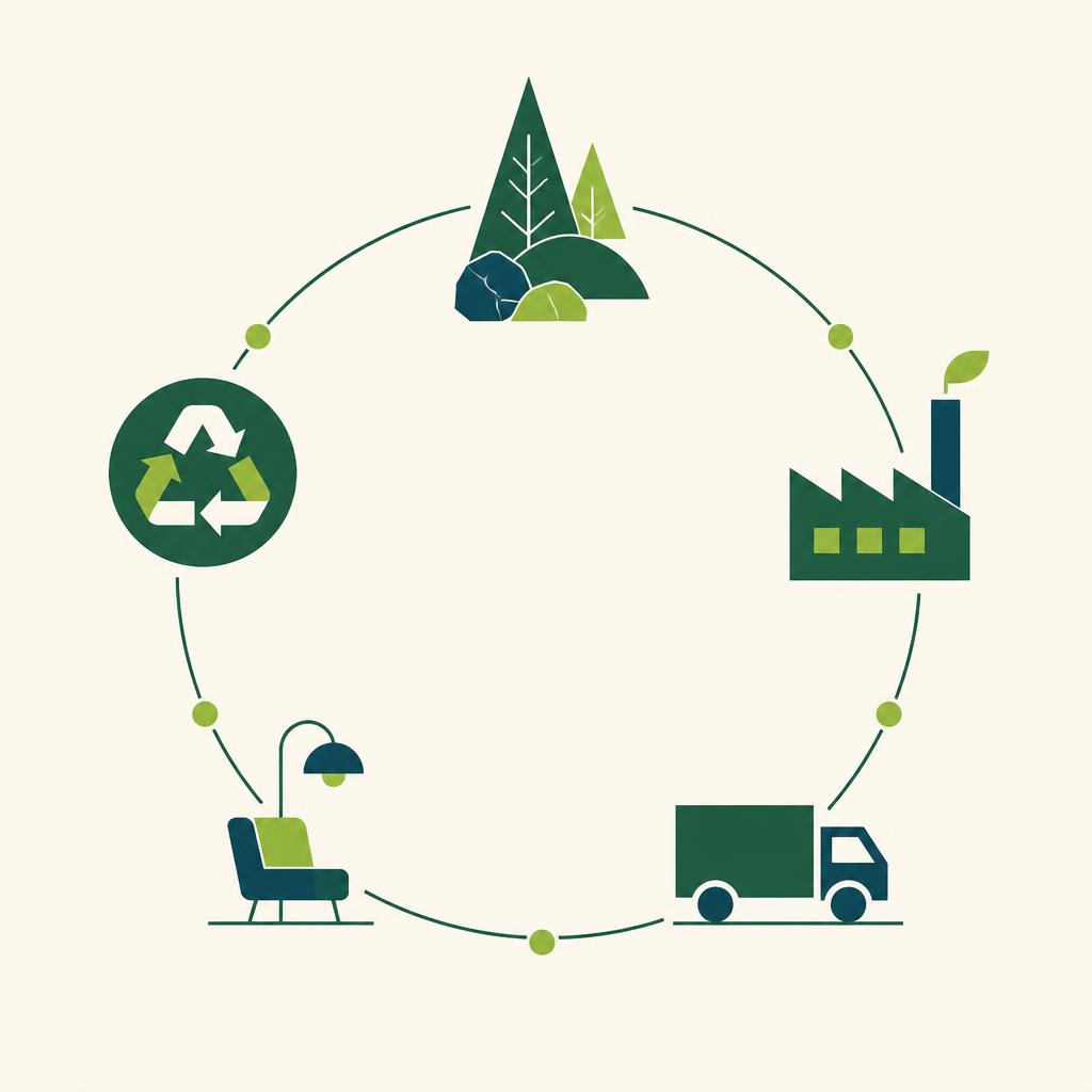 Circular diagram of a product lifecycle: raw materials, manufacturing, transport, use and recycling