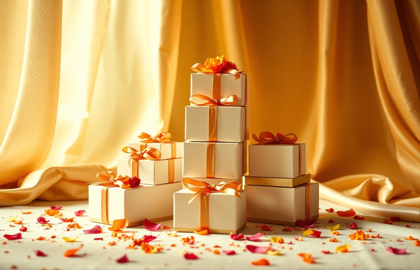 Wedding favour boxes in ivory and gold arranged on a table